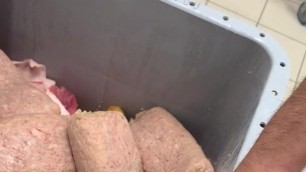 Meat masturbator and cum at work